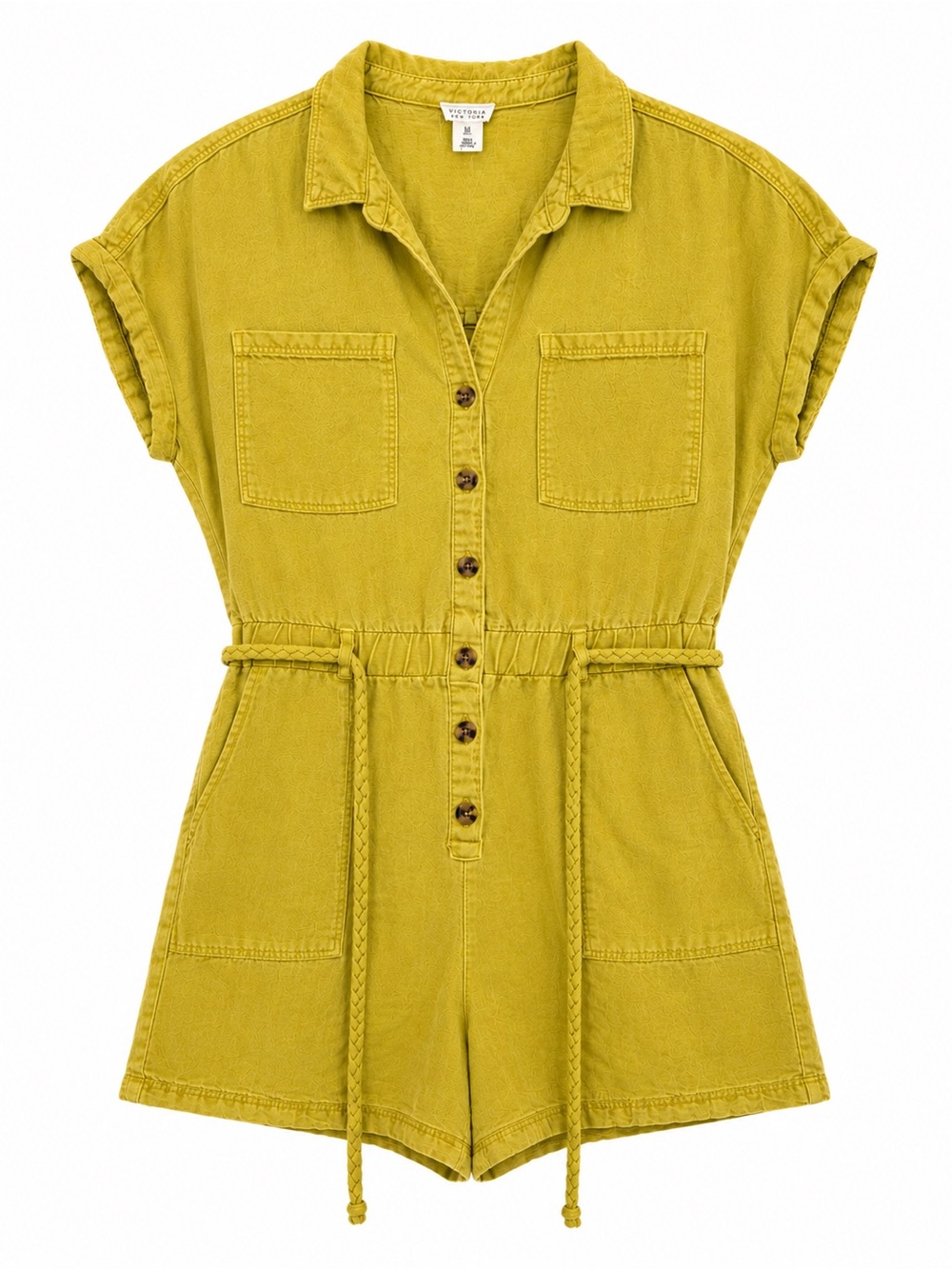 New York & Company Olive Green Linen Blend Belted Utility Pocket Romper Size: L
